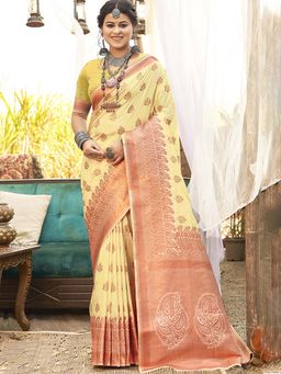 Sangam Prints - Light Yellow Silk Woven Work Festival Saree with Unstitched Blouse