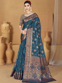 Sangam Prints - Blue Silk Woven Work Festival Saree with Unstitched Blouse