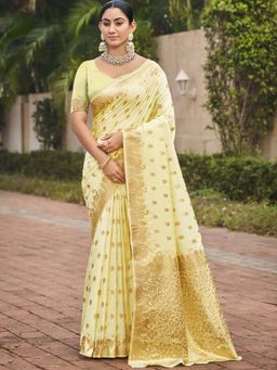 Sangam Prints - Light Yellow Silk Woven Work Festival Saree with Unstitched Blouse