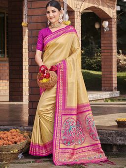 Sangam Prints - Beige Silk Woven Work Festival Saree with Unstitched Blouse