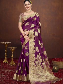 Sangam Prints - Purple Silk Woven Work Festival Saree with Unstitched Blouse