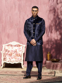 WeaverStory - Dark Blue Velvet Stitched Nehru Jacket