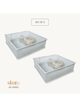STOR - Ecru White Square Mesh Paper Tray Durable Metal Desk Organisers (Pack of 2)