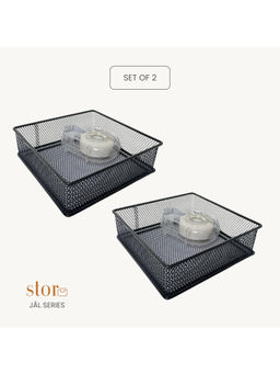 STOR - Ash Black Square Mesh Paper Tray Durable Metal Desk Organisers (Pack of 2)