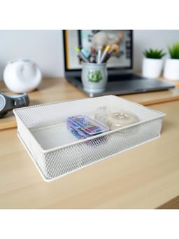STOR - Ecru White Rectangular Mesh Paper Tray Sturdy Metal Desk Organiser