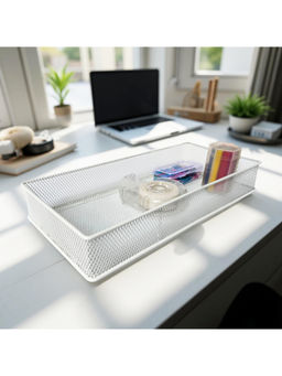 STOR - Ecru White Rectangular Mesh Paper Tray Sturdy Metal Desk Organiser