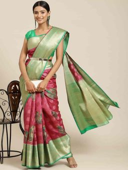 Silk Land - Digital Printed Woven Silk Saree with Unstiched Blouse Piece Pink with Unstitched