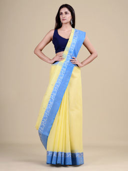 LAA CALCUTTA - Yellow & Blue Pure Cotton Tant Saree with Unstitched Blouse