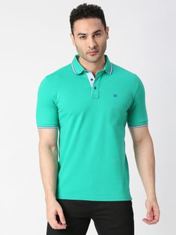 Dragon Hill - Half Sleeves Green Pique Lycra Polo T-shirt With Tipping Collar