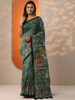 Libas - Green Printed Silk Blend Saree for Women with Unstitched Blouse