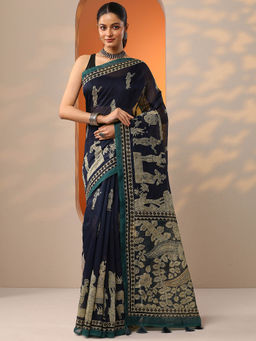 Libas - Navy Blue Printed Silk Blend Saree for Women with Unstitched Blouse