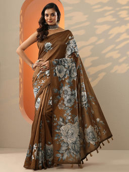 Libas - Brown Silk Blend Saree for Women with Unstitched Blouse