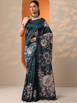 Libas - Teal Printed Silk Blend Saree for Women with Unstitched Blouse