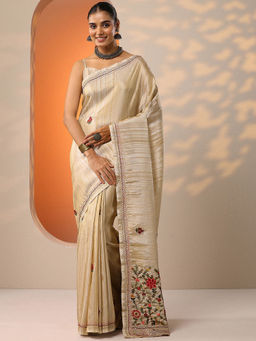 Libas - Beige Embroidered Silk Blend Saree for Women with Unstitched Blouse