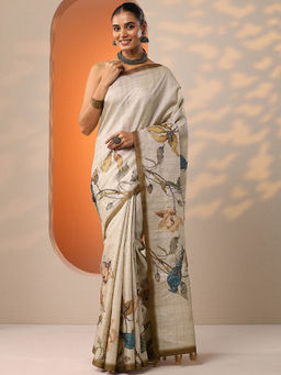 Libas - Beige Printed Silk Blend Saree for Women with Unstitched Blouse
