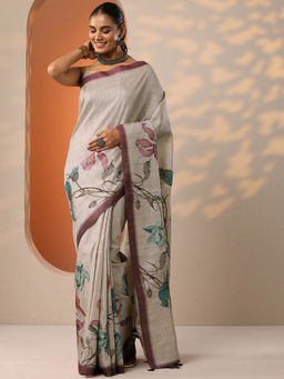 Libas - Beige Printed Silk Blend Saree for Women with Unstitched Blouse