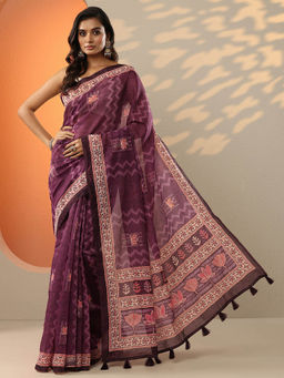 Libas - Burgundy Printed Silk Blend Saree for Women with Unstitched Blouse