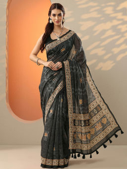 Libas - Black Printed Silk Blend Saree for Women with Unstitched Blouse