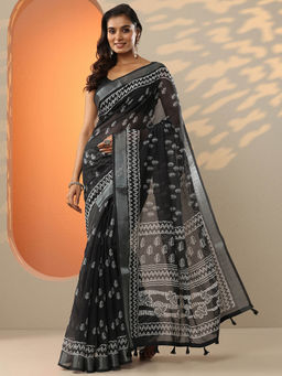 Libas - Black Printed Cotton Blend Saree for Women with Unstitched Blouse