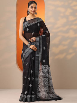 Libas - Black Printed Cotton Blend Saree for Women with Unstitched Blouse