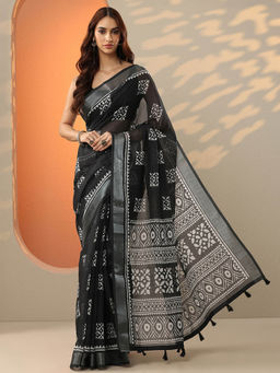 Libas - Black Printed Cotton Blend Saree for Women with Unstitched Blouse