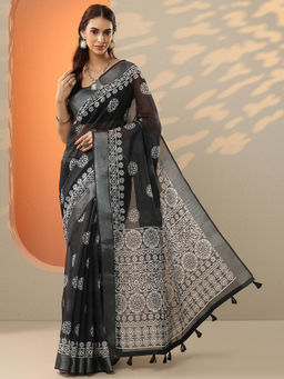 Libas - Black Printed Cotton Blend Saree for Women with Unstitched Blouse