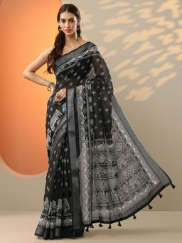 Libas - Black Printed Cotton Blend Saree for Women with Unstitched Blouse