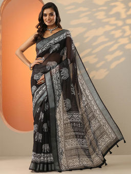 Libas - Black Printed Cotton Blend Saree for Women with Unstitched Blouse