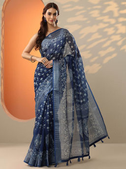 Libas - Blue Printed Cotton Blend Saree for Women with Unstitched Blouse