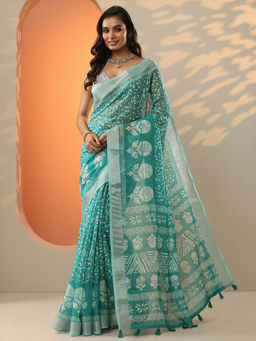 Libas - Turquoise Printed Cotton Blend Saree for Women with Unstitched Blouse