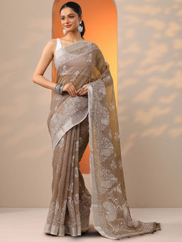 Libas - Brown Printed Cotton Blend Saree for Women with Unstitched Blouse