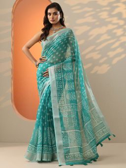 Libas - Turquoise Printed Cotton Blend Saree for Women with Unstitched Blouse