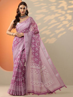 Libas - Pink Printed Cotton Blend Saree for Women with Unstitched Blouse