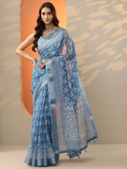 Libas - Blue Printed Cotton Blend Saree for Women with Unstitched Blouse