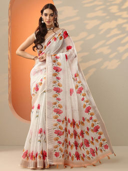 Libas - Off White Printed Cotton Blend Saree for Women with Unstitched Blouse