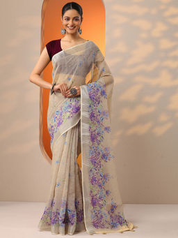 Libas - Cream Printed Cotton Blend Saree for Women with Unstitched Blouse