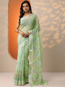 Libas - Green Printed Cotton Blend Saree for Women with Unstitched Blouse