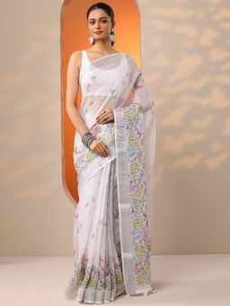 Libas - White Printed Cotton Blend Saree for Women with Unstitched Blouse