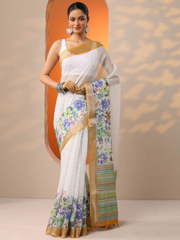 Libas - White-Yellow Printed Cotton Blend Saree for Women with Unstitched Blouse