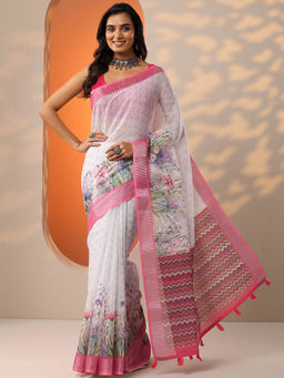 Libas - White-Pink Printed Cotton Blend Saree for Women with Unstitched Blouse