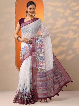 Libas - White-Wine Printed Cotton Blend Saree for Women with Unstitched Blouse