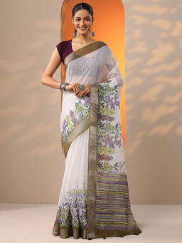 Libas - White-Olive Printed Cotton Blend Saree for Women with Unstitched Blouse