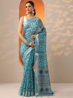Libas - Turquoise Printed Cotton Blend Saree for Women with Unstitched Blouse