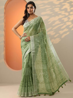 Libas - Green Printed Cotton Blend Saree for Women with Unstitched Blouse