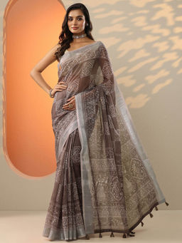 Libas - Brown Printed Cotton Blend Saree for Women with Unstitched Blouse