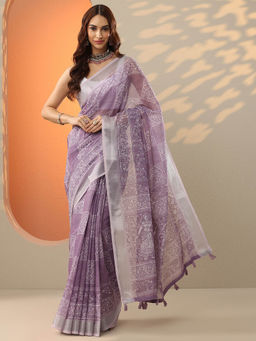 Libas - Lavender Printed Cotton Blend Saree for Women with Unstitched Blouse