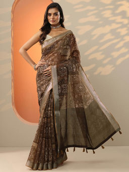 Libas - Brown Printed Cotton Blend Saree for Women with Unstitched Blouse