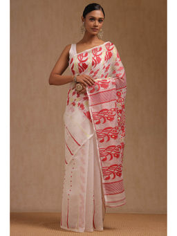 Soch - Women's White Cotton Woven Design Zari Woven Saree with Unstitched Blouse