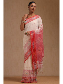 Soch - Women's White Cotton Woven Design Saree with Unstitched Blouse