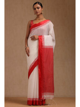 Soch - Women's White Cotton Woven Saree with Unstitched Blouse